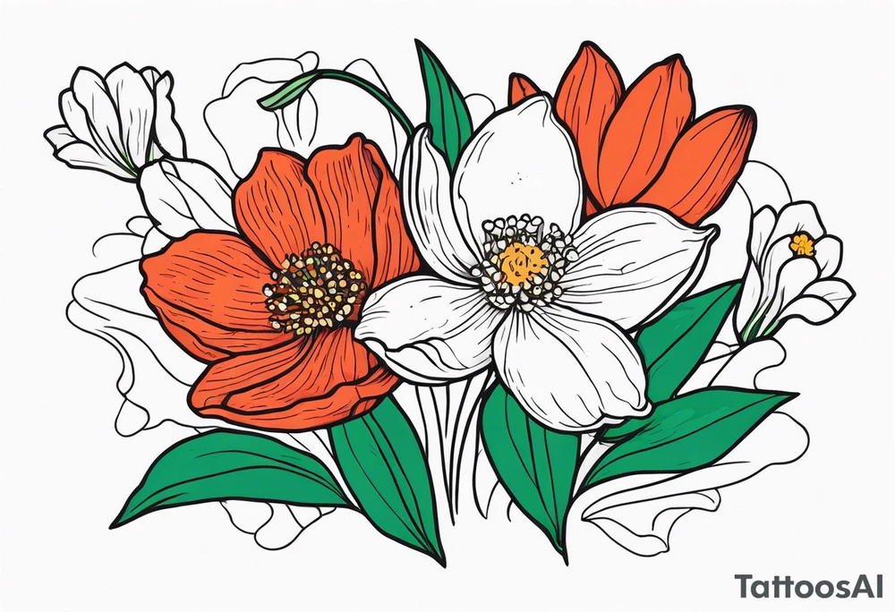 Poppy, water Lilly, Lilly of the valley, daffodil, cosmos bouquet tattoo idea