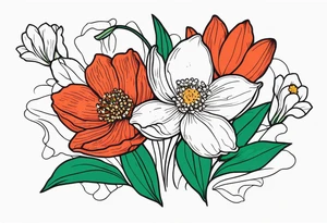 Poppy, water Lilly, Lilly of the valley, daffodil, cosmos bouquet tattoo idea