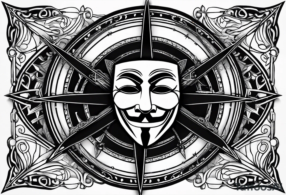 Centered v for vendetta, mask only. No hat.   Vintage compass surround. Crossed fencing swords tattoo idea