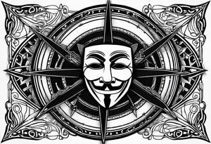 Centered v for vendetta, mask only. No hat.   Vintage compass surround. Crossed fencing swords tattoo idea