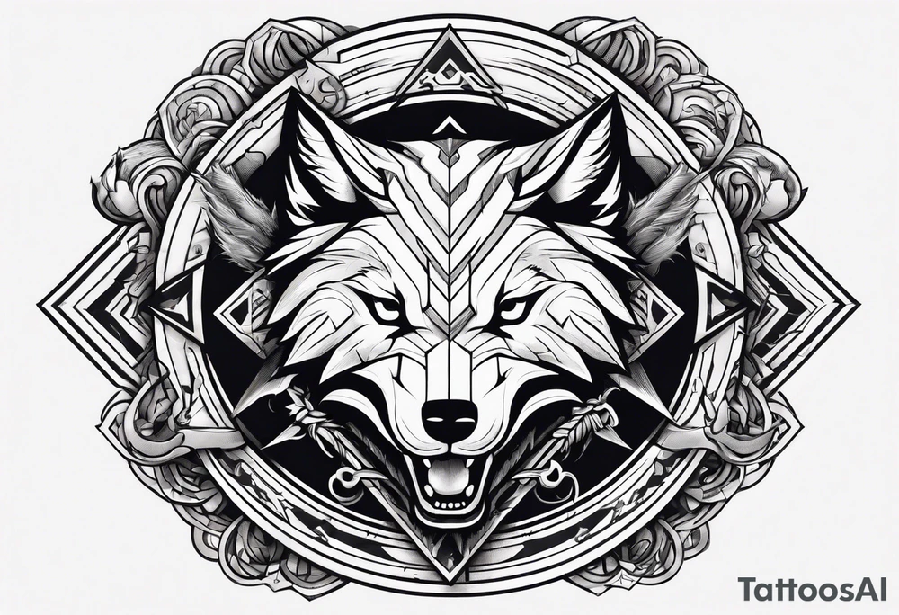 A Hammer and a thunder inside a circle. Beside the circle a skull, a Wolf and a snake tattoo idea