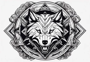A Hammer and a thunder inside a circle. Beside the circle a skull, a Wolf and a snake tattoo idea