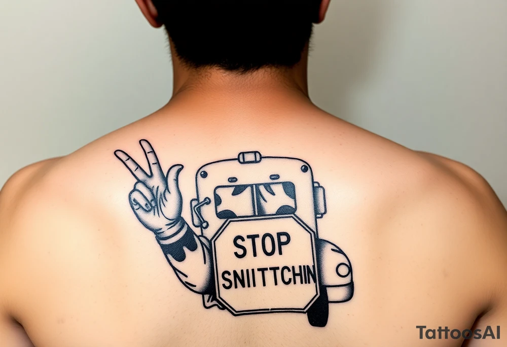 an african american with an afro making a T with his hands standing in front of a short bus with a stop sign that says STOP SNITCHING tattoo idea