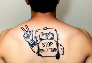 an african american with an afro making a T with his hands standing in front of a short bus with a stop sign that says STOP SNITCHING tattoo idea