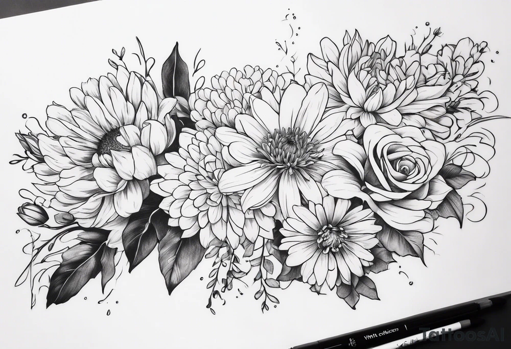 Asters, roses, Lillies, chrysanthemums in a long line tattoo idea