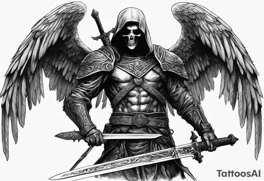 realistic angel of death, man, full body, no face visible, holding one sword in both hands, two hands on the sword, sword pointing downwards, skulls lying on the ground tattoo idea