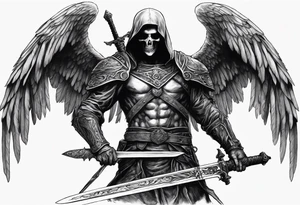 realistic angel of death, man, full body, no face visible, holding one sword in both hands, two hands on the sword, sword pointing downwards, skulls lying on the ground tattoo idea