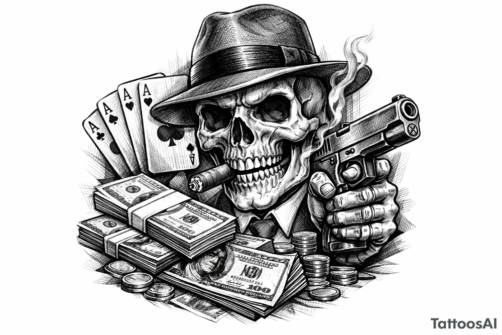 skull with gangster-hat,cigar in his mouth,gun in a hand,playing cards,a lot of money. tattoo idea