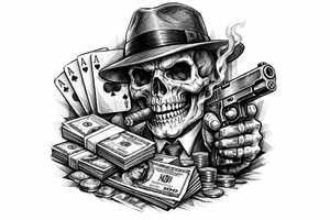skull with gangster-hat,cigar in his mouth,gun in a hand,playing cards,a lot of money. tattoo idea