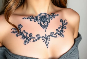 Stunning sternum tattoo with lace and elegant mandala skull tattoo idea
