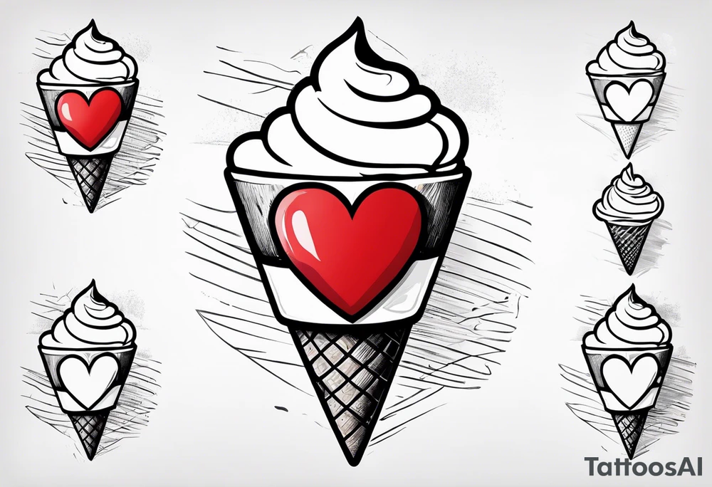 sketch chocolate chip ice cream cone with one red heart tattoo idea