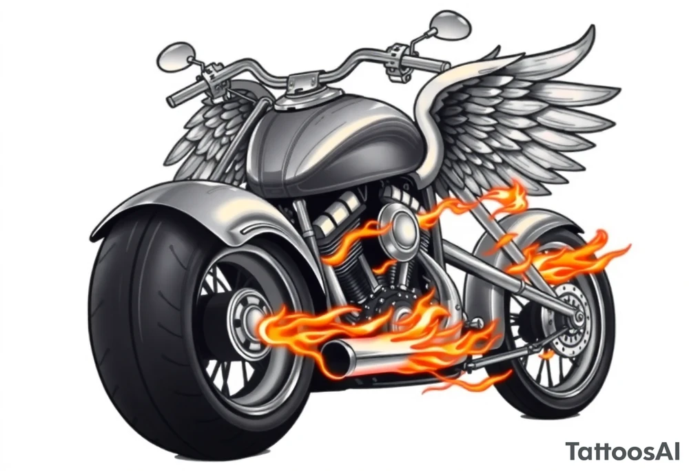 Low rider grey motorcycle, big muffler pipes with flames, angel wings, driving away, no person tattoo idea