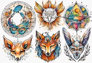 fisch, fuchs und eule , symetrie  sonne, universum, bunt, " sapere aude" tattoo idea