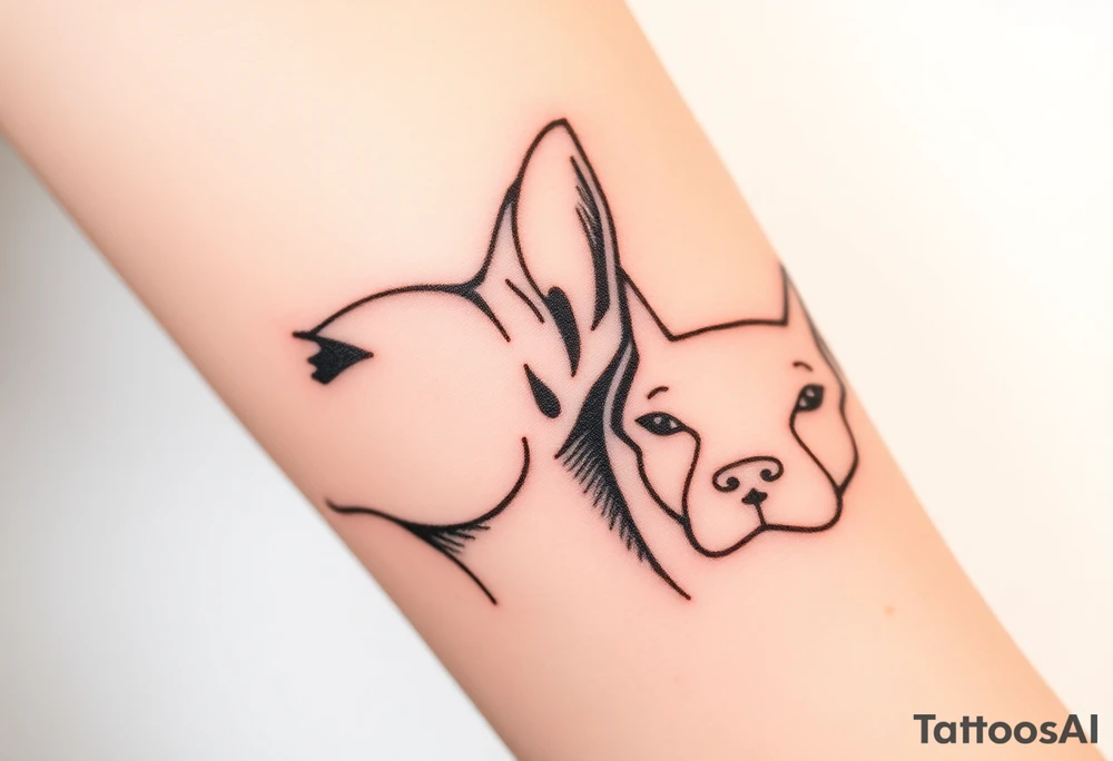 outline of pitbull ears, next to the outline of austrailian cattle dog ears, as they look off into the sunset tattoo idea