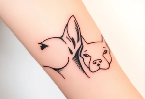 outline of pitbull ears, next to the outline of austrailian cattle dog ears, as they look off into the sunset tattoo idea