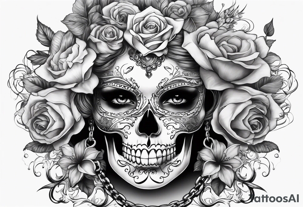 Draw me a Lady like skull with smoke out of his mouth add some flowers underneath with some ornamentals and Chains under it tattoo idea
