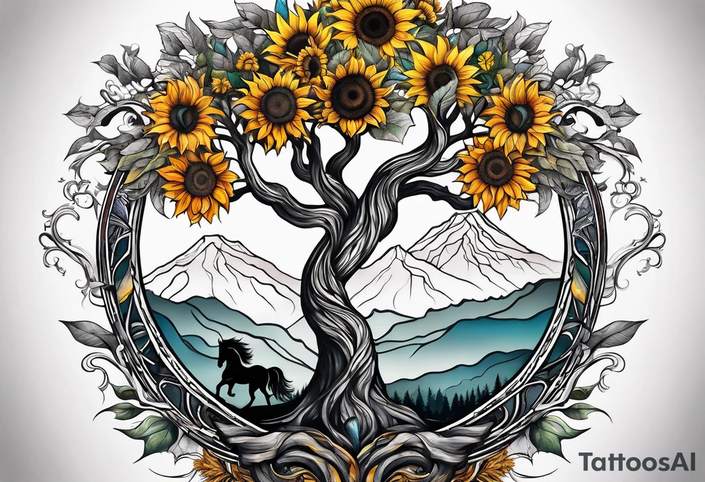 Yggdrasil tree, horse, sunflower tattoo idea