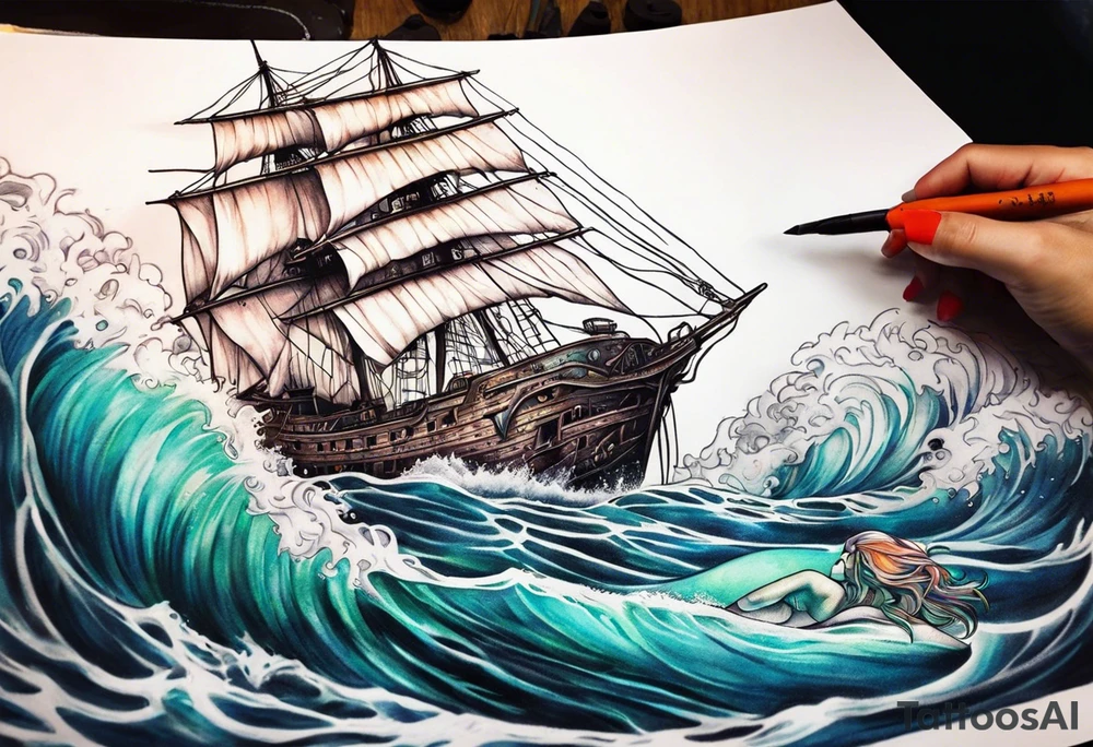 mermaid swimming next to a ghost ship tattoo idea