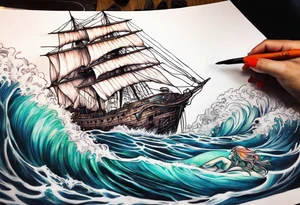 mermaid swimming next to a ghost ship tattoo idea