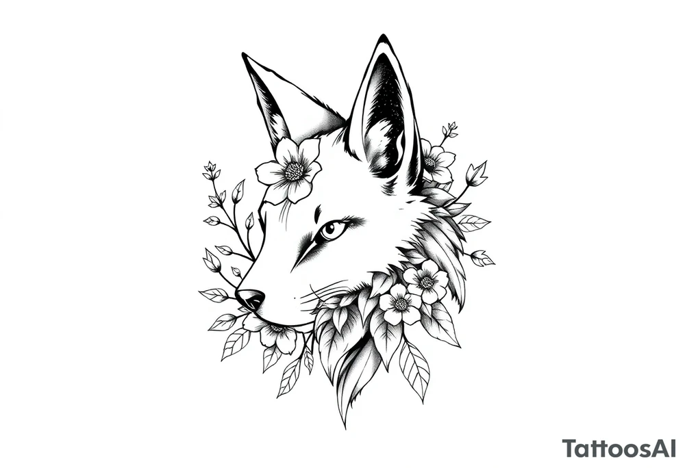 pCREATE A FURRY TATTOO DESIGN FURSONA ANTROPOMORPHIC IMAGE FOR ANTIFACIST LIBERAL WITH FLOWERS AND PLANTS GROWING FROM THE FURSONA tattoo idea