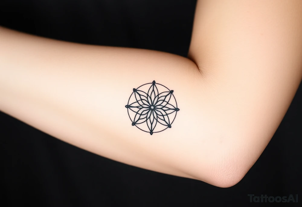 A minimalist black ink Flower of Life, centered on the forearm, with perfect geometric symmetry in cyrcle round tattoo idea