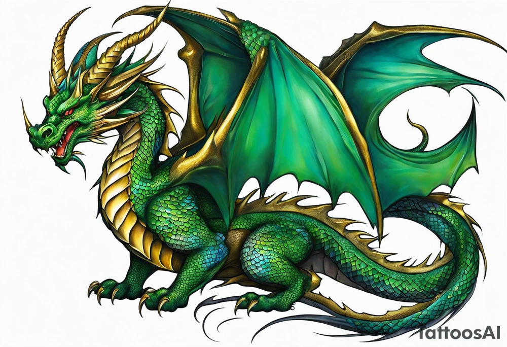 An epic dragon, its body coiling dynamically, with scales and horns detailed to create a sense of movement and strength. The dragon features accents in green, blue, and gold, giving a vibrant depth and a mystical aura. This tattoo highlights the dragon’s fierce expression and sharp claws as it wraps protectively around the leg. Style: Realism tattoo idea