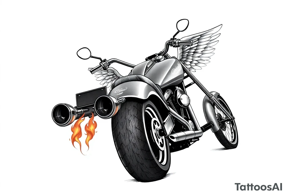 Low rider grey motorcycle, big muffler pipes with flames, angel wings, driving away, no person tattoo idea