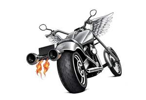 Low rider grey motorcycle, big muffler pipes with flames, angel wings, driving away, no person tattoo idea