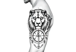 portions wolf, bear, lion, surrounded by a broken old school compass with a rope and anchor on the bottom tattoo idea