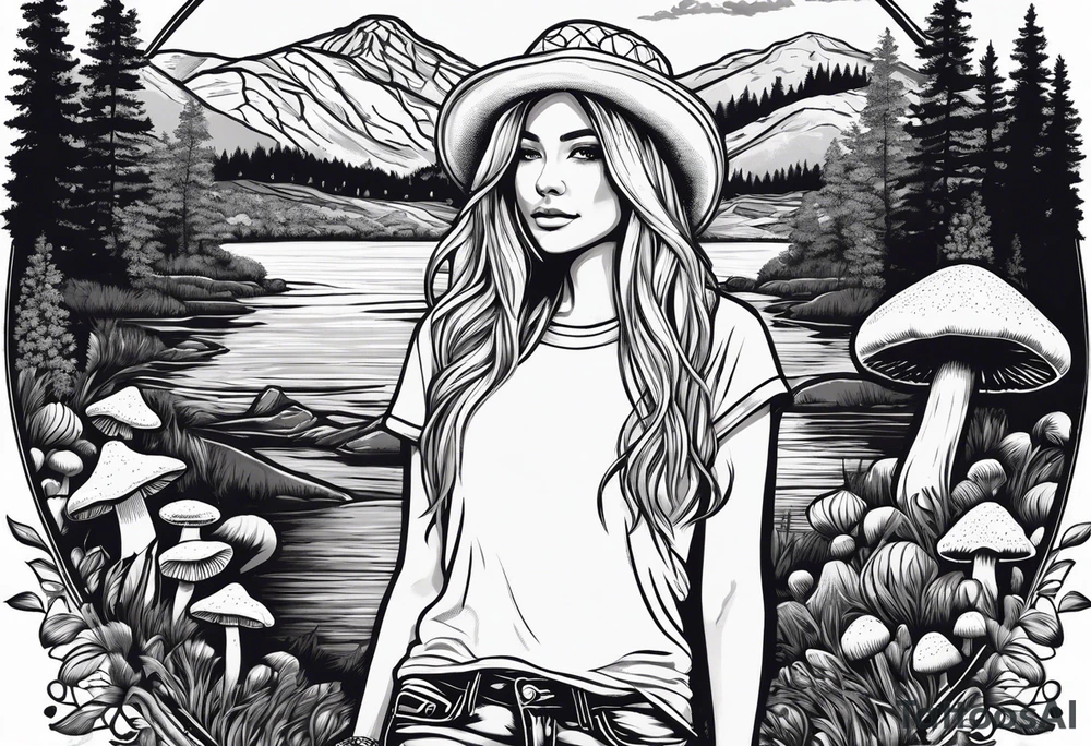 Straight long blonde hair hippie girl in distance holding mushrooms in hand facing away toward mountains and creek surrounded by mushrooms tee shirt and hiking pants; whole rendering within a full circle, no cut off circle tattoo idea