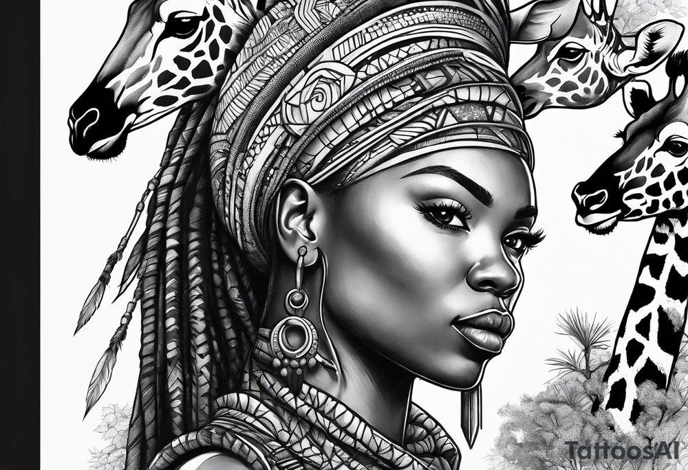 African woman warrior holding a spear with birds and giraffe in the background tattoo idea