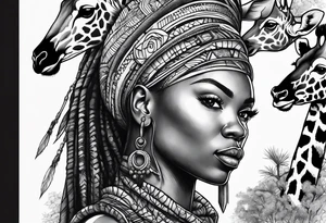 African woman warrior holding a spear with birds and giraffe in the background tattoo idea