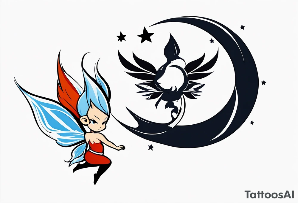 A fairy with a tail inspired by the logo of the anime show called Fairy Tail in a fetal position leaning in and forward while in the air floating tattoo idea