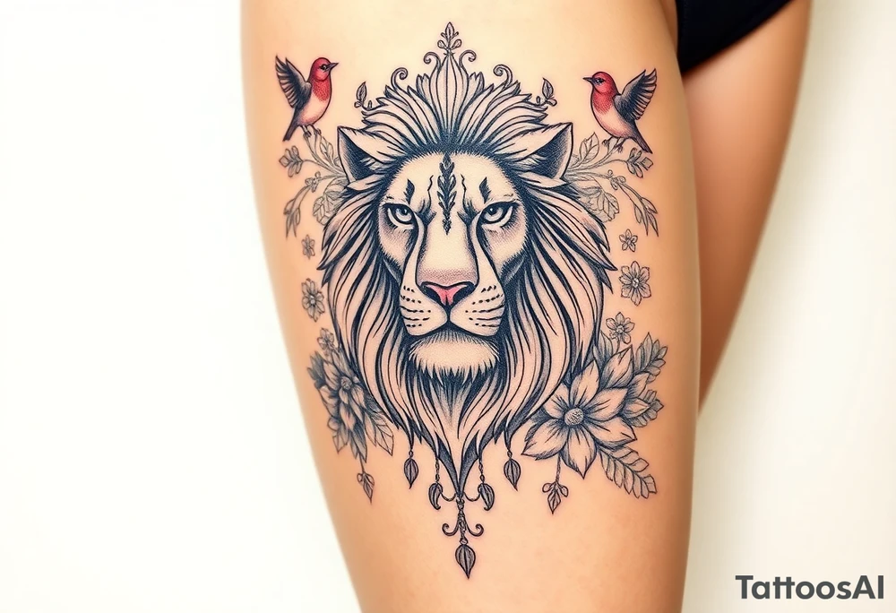 powerful majestic lion with a crown, surrounded by floral ornaments and birds tattoo idea