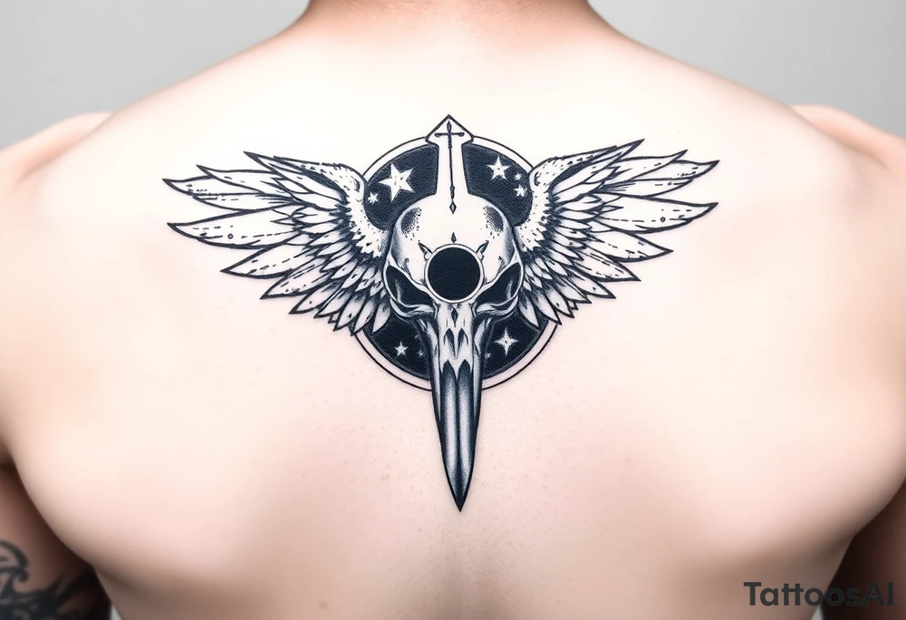 Leviathan cross etched on the skull of a raven with a cosmic black hole background tattoo idea