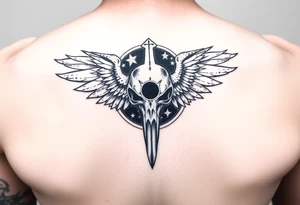 Leviathan cross etched on the skull of a raven with a cosmic black hole background tattoo idea
