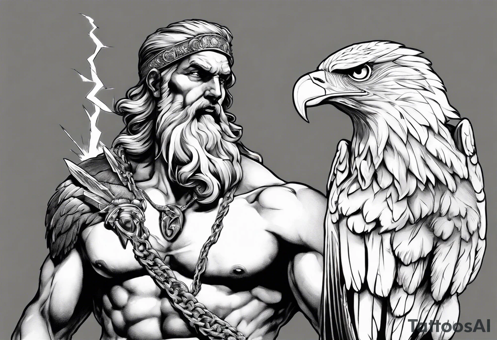 Zeus holding a wicked lightening bolt in his hand with an eagle by his side in greyscale tattoo idea