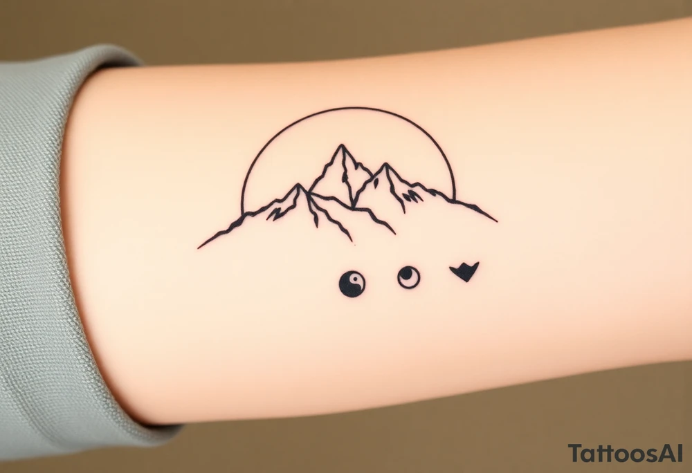Ik zou graag een fine line tattoo willen ontwikkelen. een Minimalistisch ontwerp waarbij de 'mountains with two kids' een familievoorstelling zijn. ik wil daar graag een cirkel omheen plaatsen (van oneindig bij elkaar zijn). Onder dit geheel wil ik graag 4 kleine betekenisvolle doch kleine symbolen (ook minimalistisch, met bewustzijn (lotusbloem), persoonlijke groei (boom), dankbaarheid (soort spiraal), en balans (ying - yang). Dat geheel wil ik op mijn onderarm en mijn vriendin op haar pols. Kun je mij helpen? tattoo idea
