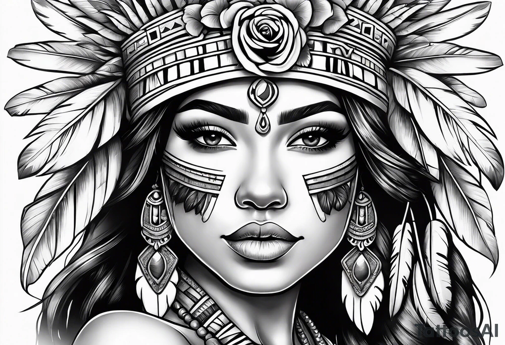 Aztec princess with roses and feathers tattoo idea
