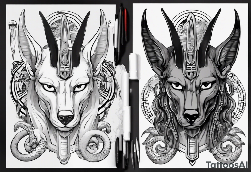 Egyptian god Anubis' head with snakes next to him in the desert tattoo idea