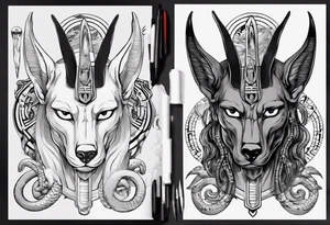 Egyptian god Anubis' head with snakes next to him in the desert tattoo idea