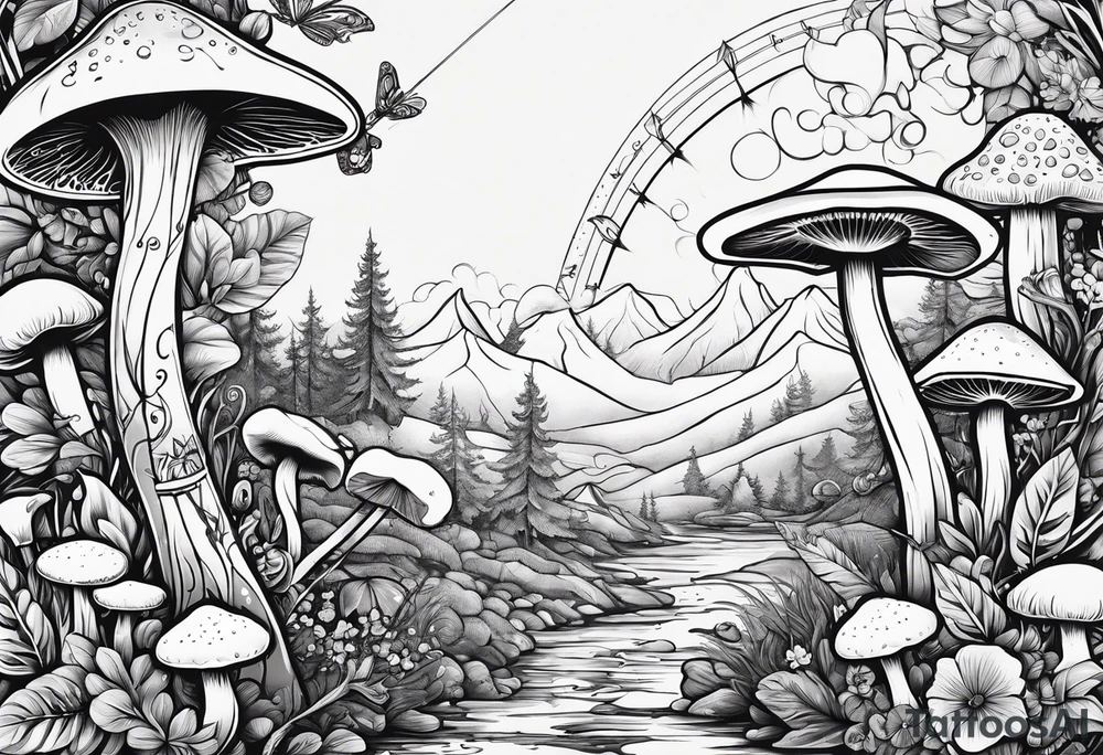 Recurve bow and arrow, mushrooms, fairies tattoo idea