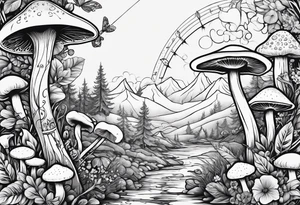 Recurve bow and arrow, mushrooms, fairies tattoo idea
