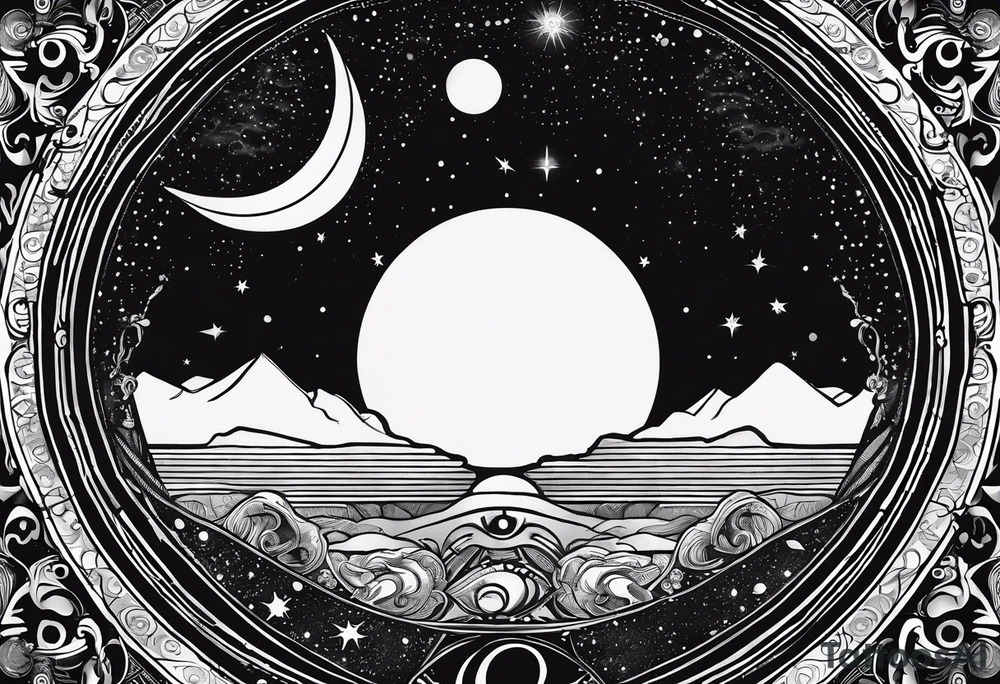 Astrology, Cancer, Natal Chart, symbolic, vision, yin yang, the moon, the sun, Uranus, Pluto, spiritual third eye, mystical armband tattoo idea