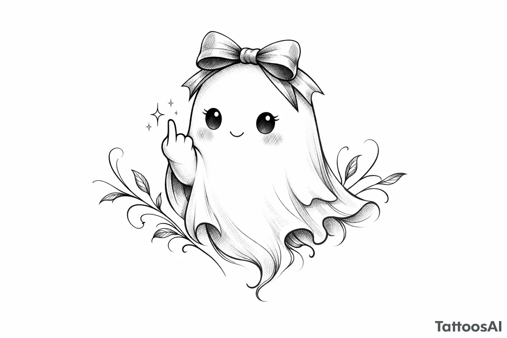 Cute ghost in a bow, giving the bird, soft anime style shading. tattoo idea