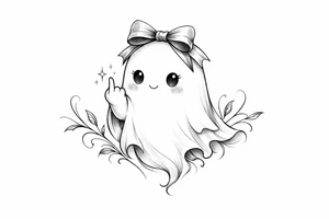 Cute ghost in a bow, giving the bird, soft anime style shading. tattoo idea