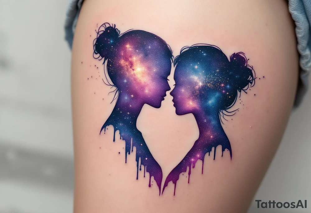 A galaxy-filled silhouette of twin figures, blending purples, blues, and glowing stardust effects. tattoo idea
