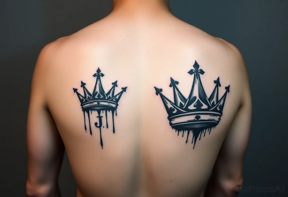 Matching/ connecting tattoos:

Your Tattoo (Queen): A graffiti-style crown, perhaps dripping or with sharp, geometric edges. Hidden in the drips of the graffiti could be a very stylized, almost-unreadable 'J'.
His Tattoo (King): A bold, graphic crown with a worn, distressed look. Instead of a traditional crown, it could be a simple, impactful graphic reminiscent of a spray-painted tag. A hidden 'T' could be integrated into the shadow or detail.
Connecting Element: Both tattoos use the same unique "urban" style, such as blackwork, trash polka, or gritty black and gray realism. The crowns can be placed on opposite arms so they face each other when you hold hands. tattoo idea