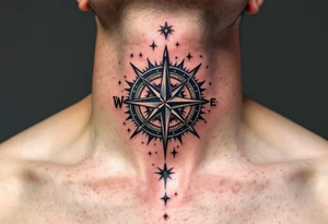 A classic black family tattoo beneath a compass rose with deep navy and silver accents. tattoo idea
