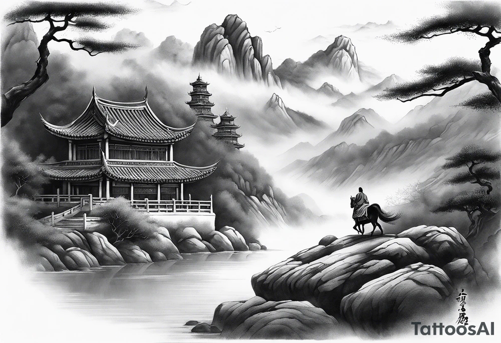 forearm sleeve traditional chinese art painting style autumn mountains mist fog water Chinese temple female with pony tail wearing robes seated meditating in the distance tattoo idea